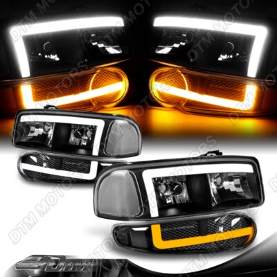 For 01-07 GMC Sierra Yukon 1500 Denali DRL LED Black Clear Headlight+Bumper Lamp - Image 1 of 4