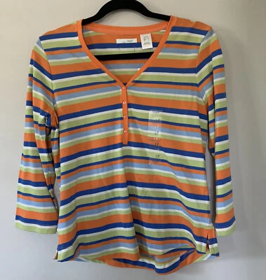 NUEVO CON ETIQUETAS LIZ GOLF V Camiseta Cuello Mangas 3/4 4 Botones Naranja Azul Verde Talla L Pequeña Foto 1 de 4