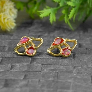 Natural Raw Fire Opal Small Stud Gold Earrings Everyday Wear Statement Jewelry - Picture 1 of 14