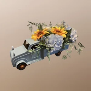 Reusable Blue Metal Truck With Handmade Summer Fall Floral Arrangement 19in Long - Picture 1 of 7