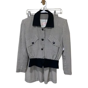 Miss O Oscar de la Renta Houndstooth Skirt Suit Silk Black Trim Size 8 - Picture 1 of 3