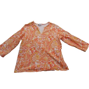 Camicia Denim & Co donna media arancione giallo paisley maglione manica 3/4 - Foto 1 di 9