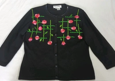 Jack B. Quick Vintage Feminino Tamanho Pequeno Preto Botão para Cima Manga 3/4 Rosas Frisadas 313 - Imagem 1 de 4