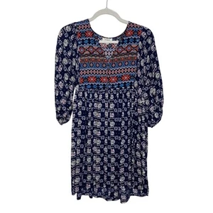 Umgee Mixed Media 3/4 Sleeve Aztec Floral Babydoll Tunic Dress Navy Size Small - Picture 1 of 12