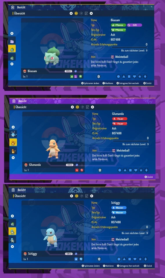 Bisasam Glumanda Schiggy Shiny/ non shiny Set 6IV Pokemon Karmesin und Purpur - Bild 1 von 1