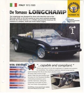 De Tomaso Longchamp IMP Hot Cars Collector Brochure Specs Group 2, No 72 - Imagen 1 de 1