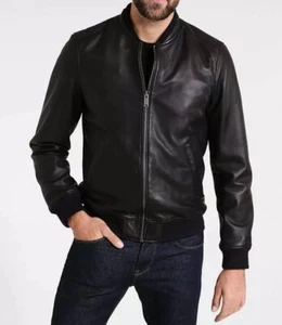 New Men's Black Collar Ribbed Jacket 100% Real Lambskin Causal Slim Fit Jacket - Picture 1 of 5