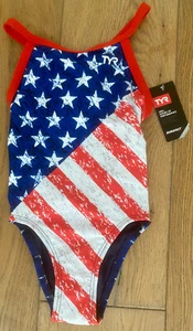 TYR Girls 22 Red White Blue DiamondFit Swim Suit STAR SPANGELED BANNER USA New - Picture 1 of 8