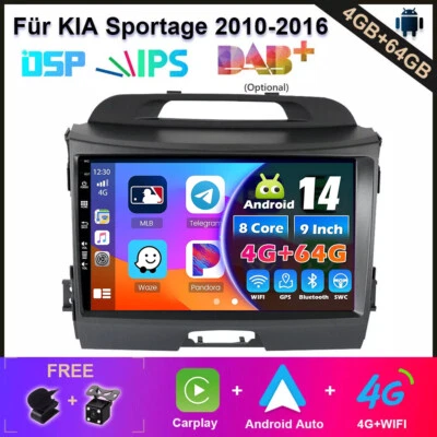 4GB+64GB Für KIA Sportage 2010-2016 Autoradio Android 14 GPS Navi DSP CarPlay AM - Bild 1 von 4