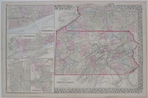 Original Hand Color 1874 Map PENNSYLVANIA Williamsport Erie Scranton Harrisburg - Picture 1 of 13
