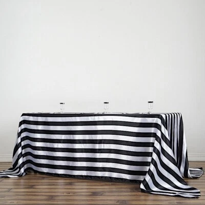 BLACK WHITE 90x132" Stripes Satin Rectangular Tablecloth Wedding Party Linens - Image 1 of 4