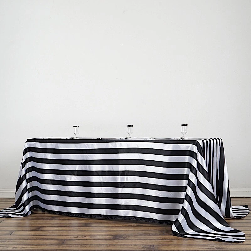 BLACK WHITE 90x132" Stripes Satin Rectangular Tablecloth Wedding Party Linens - Image 1 of 4