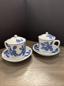 2 Vtg IDG Italy Flow Blue & White Covered Tea Cup Mug Set W/ Lid Williams-Sonoma - Picture 1 of 11