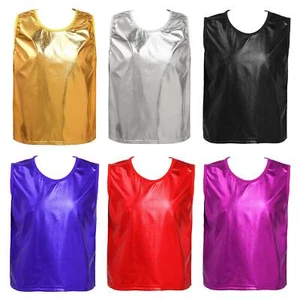 Kids Boys Girls Shiny Metallic Camisole Tops Dance Performance Vest Tops Costume - Picture 1 of 25