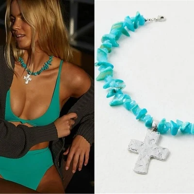 Gargantilla Free People Supernova en azul turquesa nueva con etiquetas Western Bohemian Cross Beach Foto 1 de 4