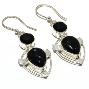 Black Onyx Quartz Gemstone Silver Plated Earrings Jewelry 1.5" - Picture 1 of 1