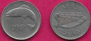 IRELAND 10 PENCE 1993 XF-AU SMALL TYPE,SALMON LEFT,IRISH HARP,SCRIPT,LATIN GAELI - Picture 1 of 1