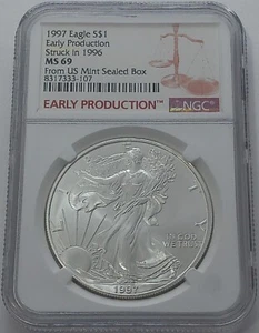 1997 NGC MS69 Early Production Silver Eagle State 1996 FROM US Mint Sealed Box - Picture 1 of 3