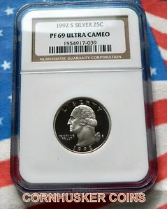 1992 S SILVER QUARTER  NGC PF 69 ULTRA CAMEO ~ DEEP MIRROR SURFACE  ~ BRILLIANT - Picture 1 of 2