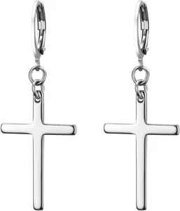 Dangle Stud Earrings, Men's Womens Stainless Steel Pearl Cross Dangle Hinged Stu - Picture 1 of 7