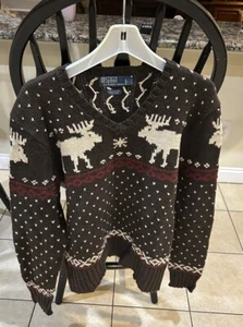 Vintage Polo Ralph Lauren Sweater Brown Reindeer Nordic Caribou Moose Mens Sz L - Picture 1 of 5