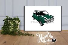Classic Mini Cooper Green Artwork Illustration, limited/rare, signed by artist.