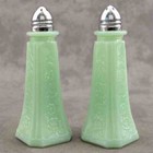 Jadeite GREEN Glass Floral SALT & PEPPER Shaker Set Mayfair Depression Style
