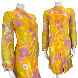 VTG 60S 70S FLORAL PSYCHEDELIC MANDARIN COLLAR ORANGE PINK YELLOW SHIFT DRESS 14 - Picture 1 of 7