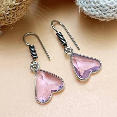 Pendiente de mujer con gancho enchapado en plata de ley 925 de vidrio topacio facetado rosa 1 par Foto 1 de 3