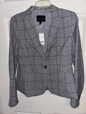 NWT $198 Banana Republic Classic Blazer Sz 4 Gray Windowpane Wool Stretch Career - Image 1 of 4