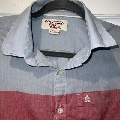 Original Penguin Men Shirt Mens Small Gray Red Light Blue Short Sleeve Slim Fit - Image 1 of 4