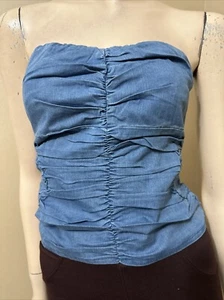 Women’s Blue Cotton Denim Casual Summer Open Stretch Slim Zipper Size S Blouse - Picture 1 of 16