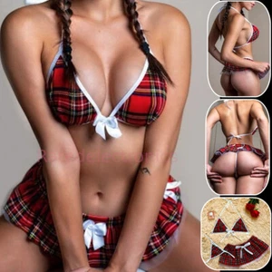 Sexy Lingerie School Girl Sleepwear Dress Nightwear Underwear Babydoll Plaid V