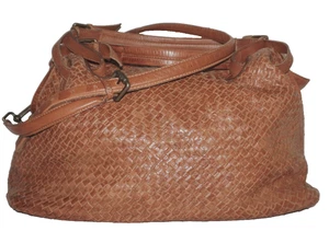 VALENTINA Large Woven Cedar Tan Leather Slouchy Handbag / Crossbody 12x14 - Picture 1 of 13