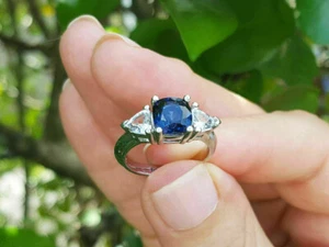 3Ct Lab Created Blue Sapphire Three Stone Engagement Ring 14K White Gold Finish - Picture 1 of 6