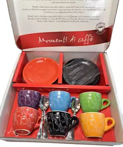 BIALETTI 18 pc Espresso Caffe Coffee Multicolor Cups Saucers Spoons Boxed NIB - Picture 1 of 9