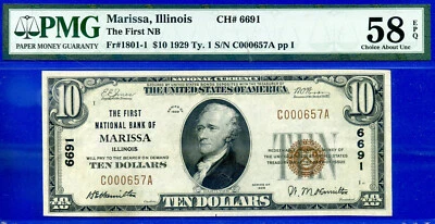 1929 $10 National Currency Marissa, Illinois CH# 6691 PMG 58EPQ Top Pop finest - Image 1 of 4