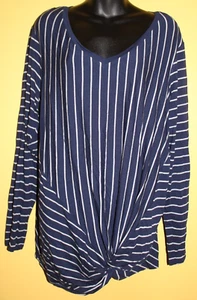 West Port 2x Navy Blue Silver Stripe Knit Top V Neck Knotted Front Long Slvs - Picture 1 of 4