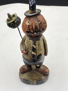 Halloween Pumpkin Figurine Antropomorphic Resin Metal Hat Black Cat Balloon - Picture 1 of 10