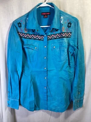 Rock & Roll Cowgirl Blue Large Long Sleeve Cotton Western Pearl Snaps B15 - Image 1 of 4