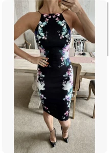 Lipsy Floral Bodycon Midi Dress 8 Party Summer Holiday Wedding Multi Ribbed - Picture 1 of 24