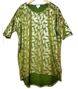 LuLaRoe Simply Comfortable High Low Top Green Metallic Autumn Gold Leaves sz M - Picture 1 of 6