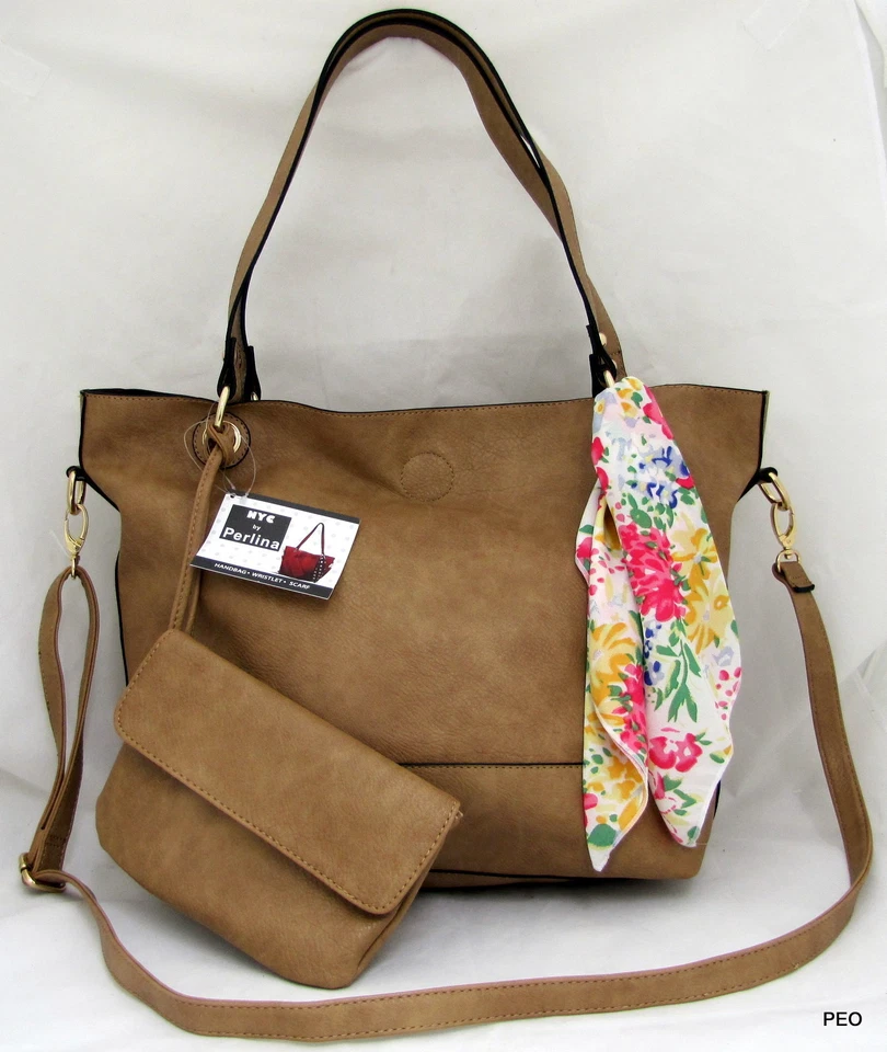 PERLINA Nueva York Bronceado Bandolera Cartera Bolso de Mano Bufanda y Muñequera Nuevo Foto 1 de 4