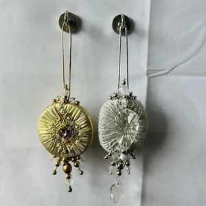 Vintage Christmas Handmade Ornaments Satin Beaded Jewel Push Pin Sequin SET Of 2 - Picture 1 of 10