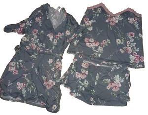 FLORA NIKROOZ LINGERIE PAJAMA SET SHORTS TOP ROBE GRAY FLORAL WOMEN SIZE XL - Picture 1 of 1