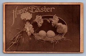 Postcard Vintage Postmarked 1915 Happy Easter Chicken and Egg Flowers Religious - Picture 1 of 2