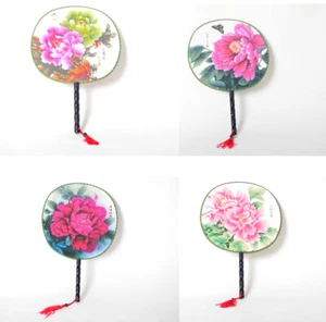 12 PCs Ancient Artistic Floral Silk Bamboo Double side Round Hand Hold Fan - Picture 1 of 1