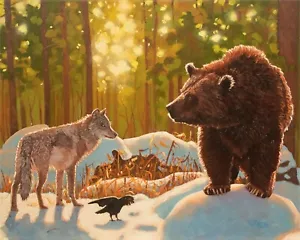 "Impresión artística Giclee de pintura al óleo oso marrón y lobo, fantasía 8"×10", 16""×20" - Imagen 1 de 4