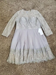 JJ House Silver Mother Bride maid Dress 18W mid Length Chiffon Lace pleated - Picture 1 of 11