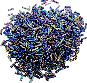 20gm Matsuno 6mm Bugle Beads - Colour 748-R-SP - Metallic Black Rain Iris Spiral - Picture 1 of 13